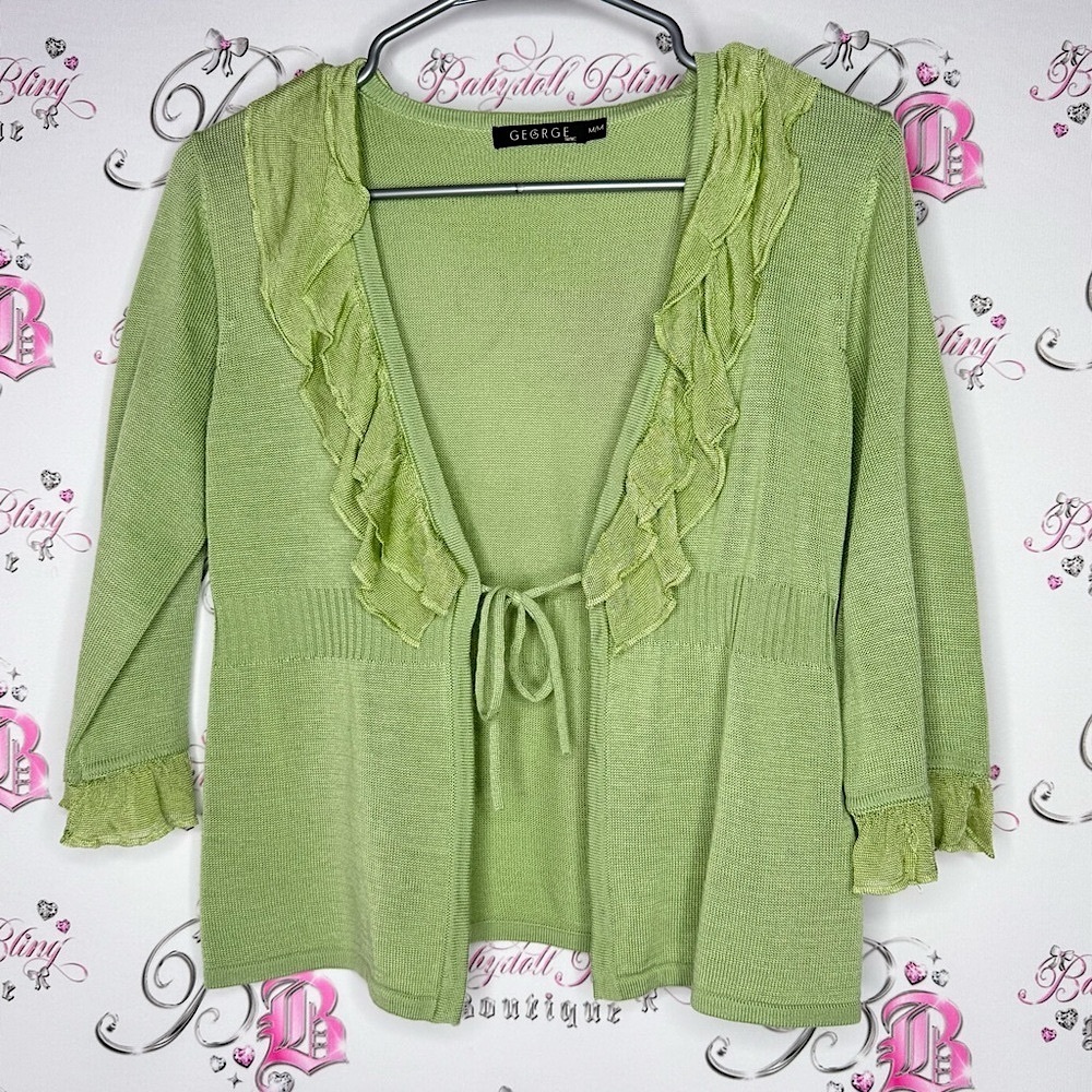 George cardigan ruffle frilly fibbon tie up Green Sweater